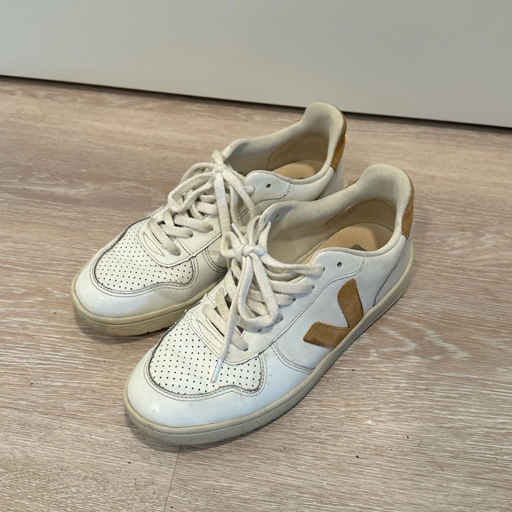 Veja White and Tan Sneakers